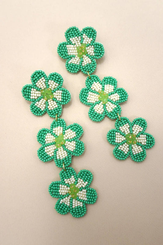 FLOWER  TRIPLE DROP BEADED DROP EARRINGS
