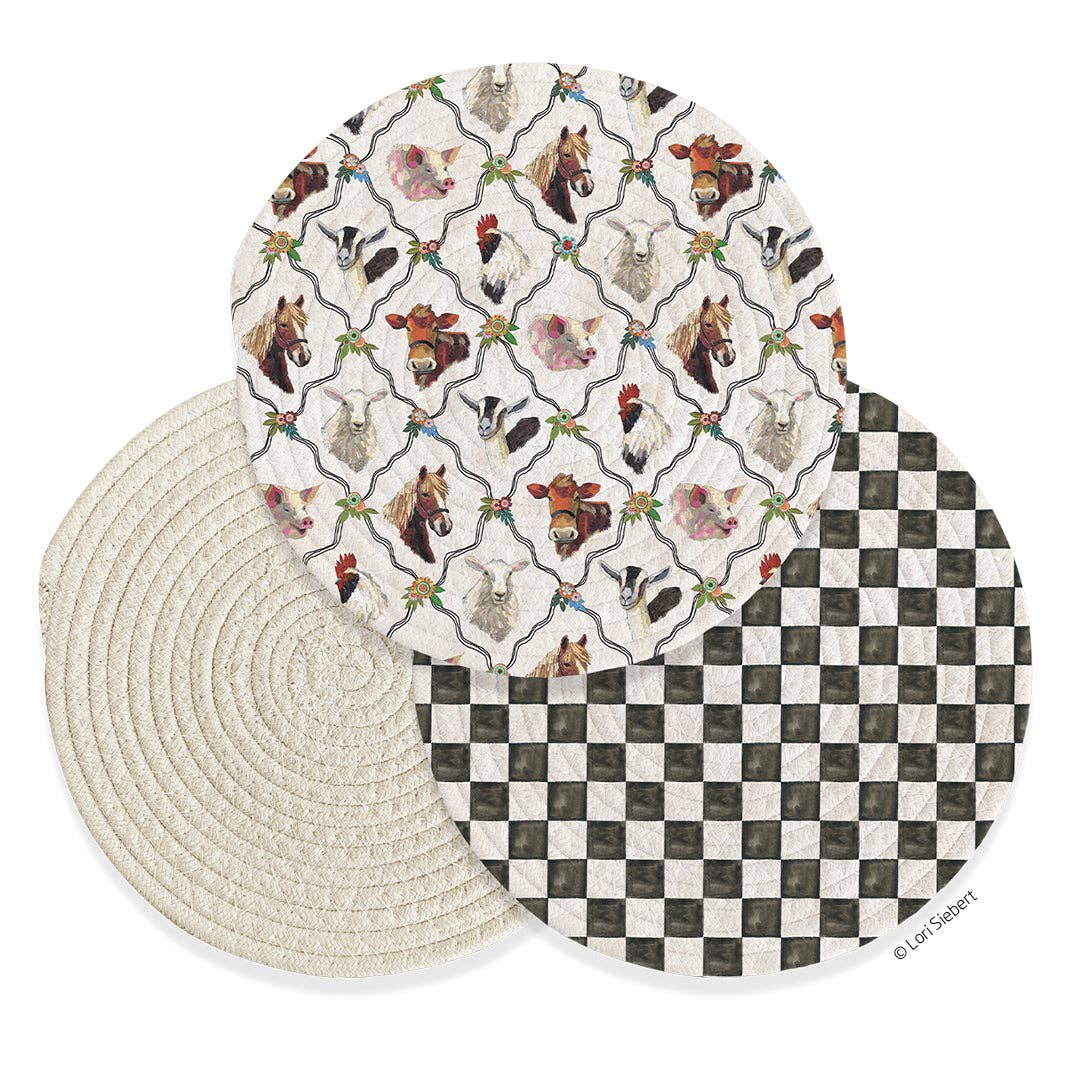 At The Farm Cotton Kitchen Trivets, Farmhouse Decor