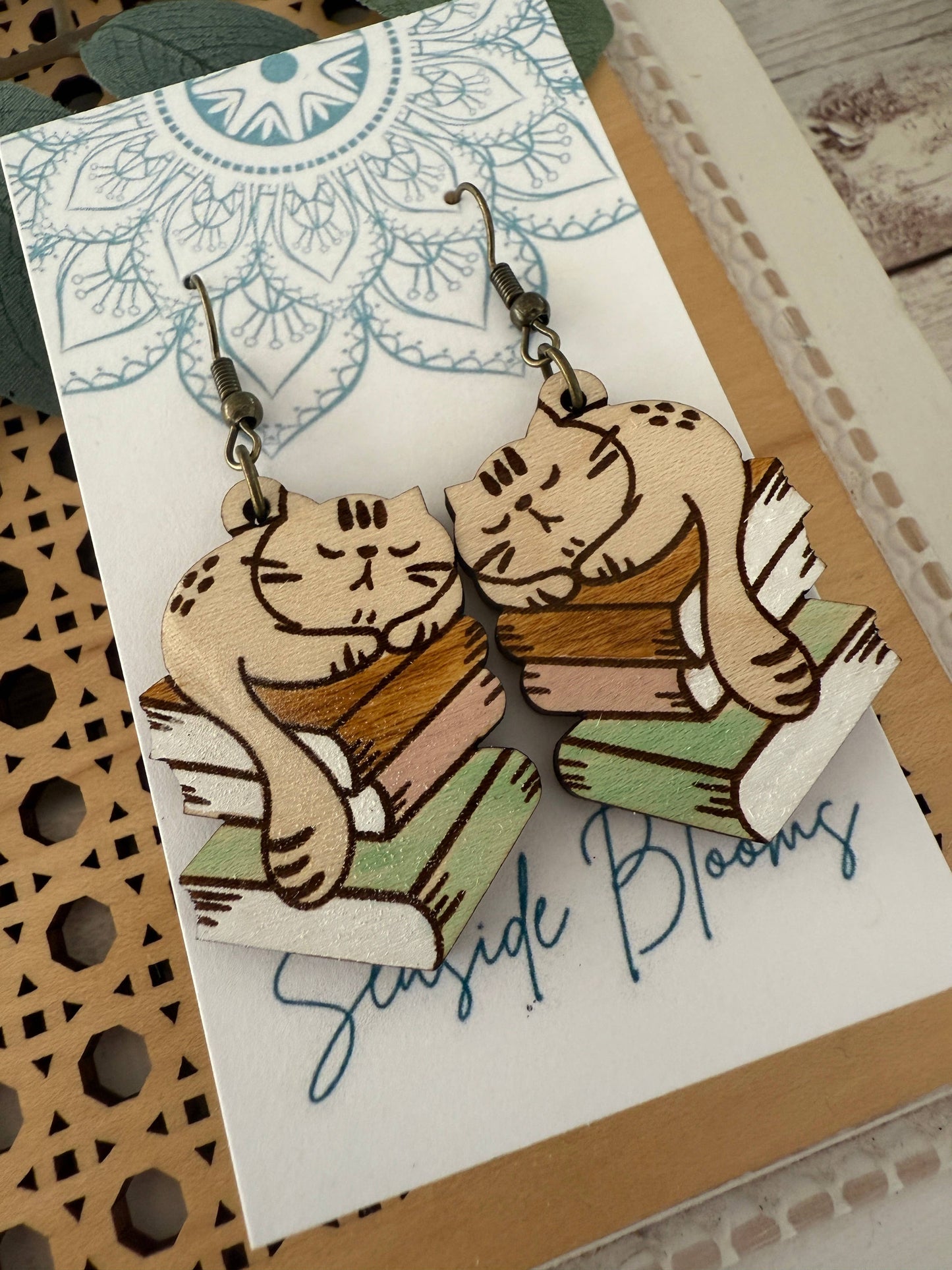 Cat Boho Hand painted lightweight maple earrings  