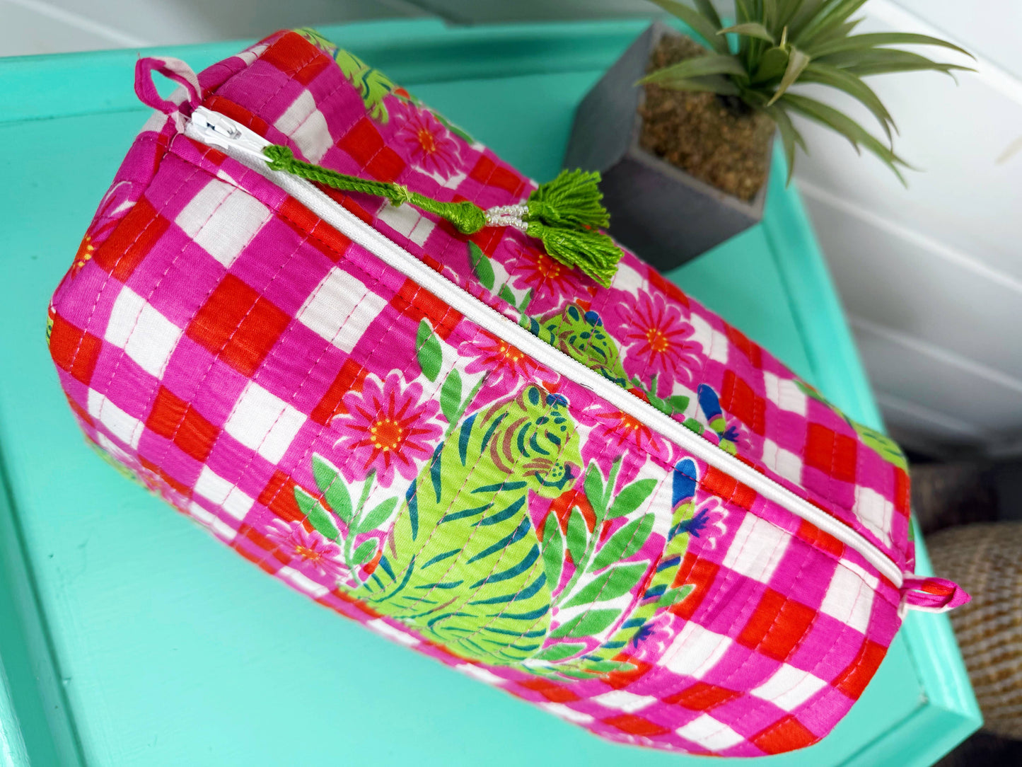 Pink Checkered Tiger Makeup Bag