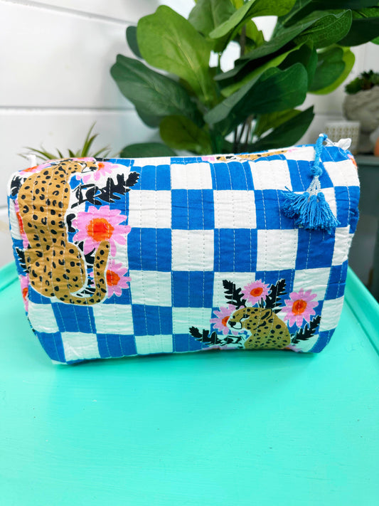 Blue Jaguar Quilted Cosmetic Bag